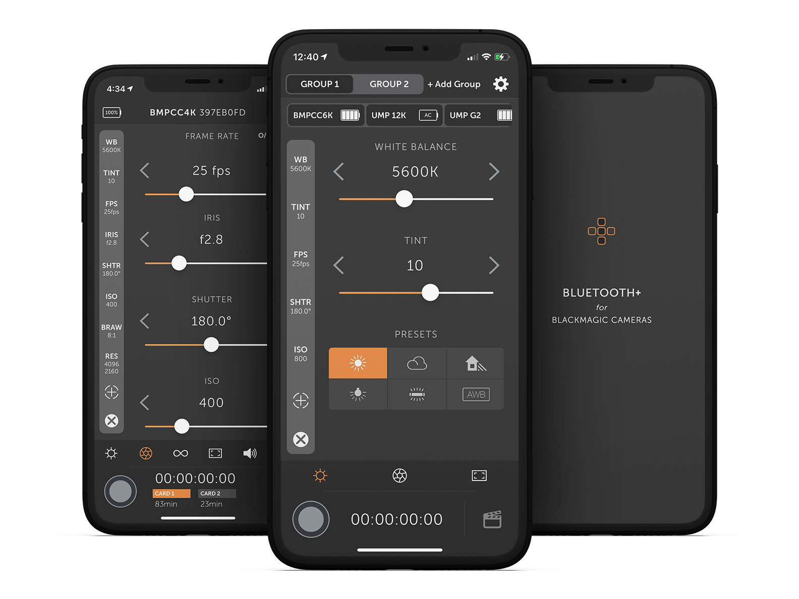 Bluetooth+ running on three iPhones: exposure controls, Multi-Cam white balance and the launch screen