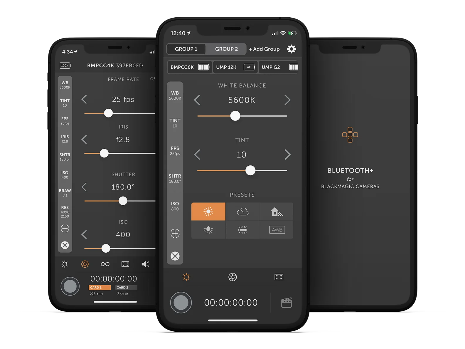 Bluetooth+ on three iPhones: exposure controls for a Pocket 4K, Multi-Cam white balance for three cameras, and the launch screen