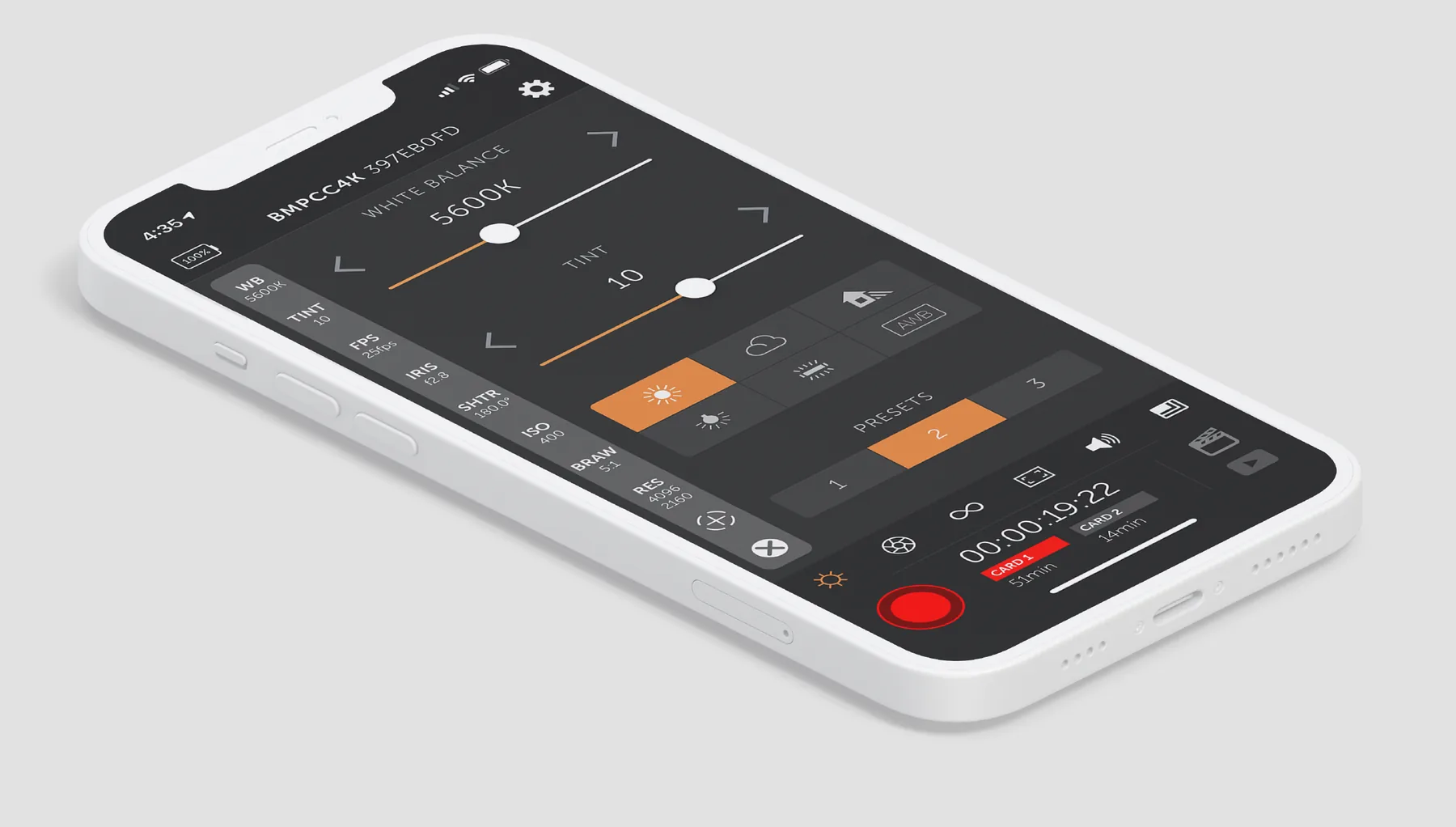 Bluetooth+ on an iPhone lying flat, showing white balance, the record button and timecode