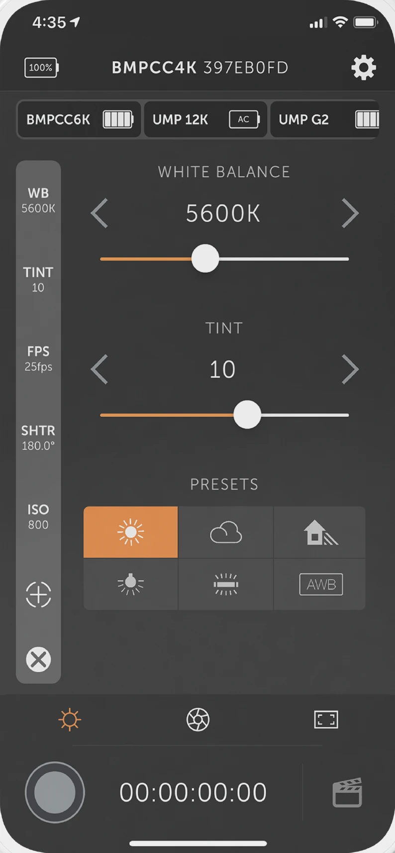 Multi-Cam in Bluetooth+: three cameras in Group 2 set to 5600K and tint 10