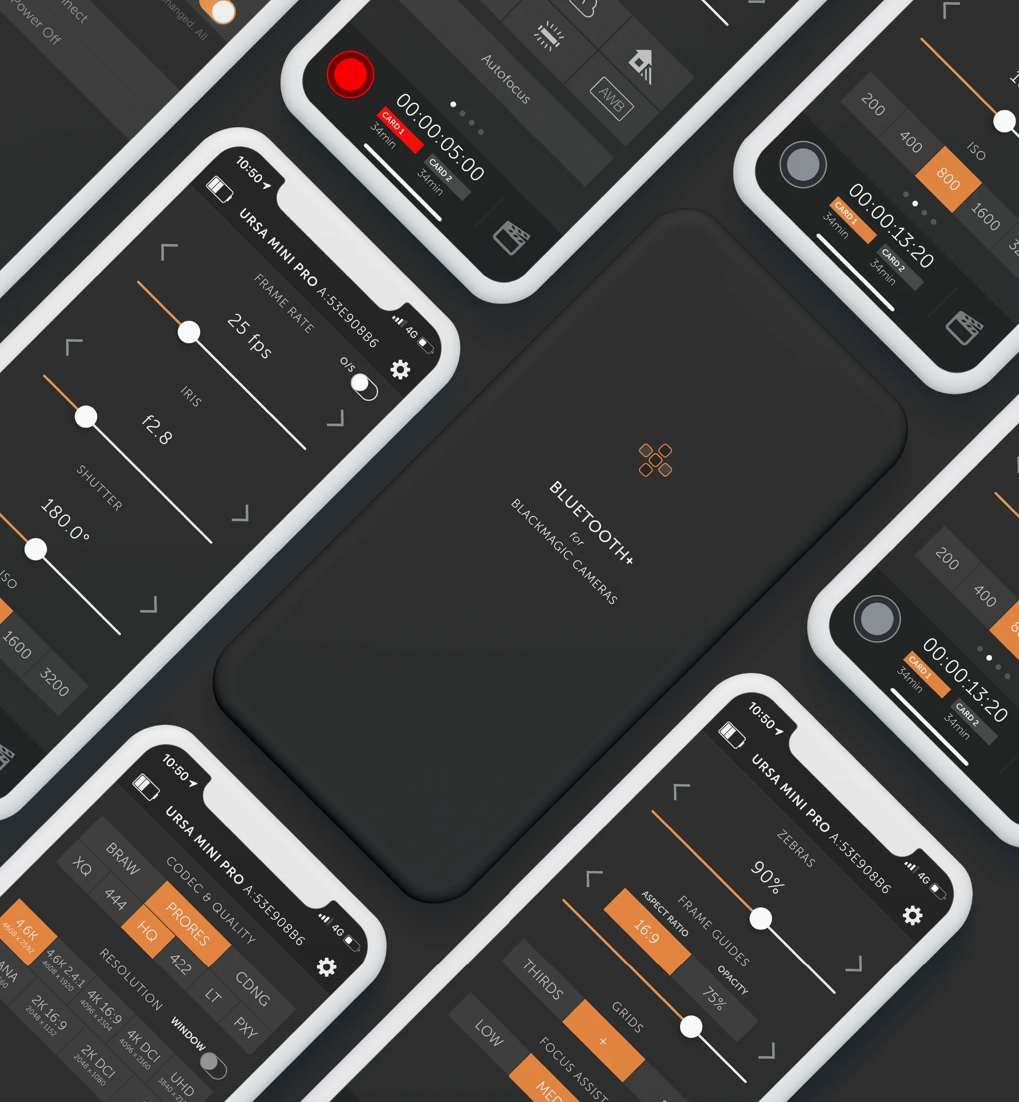 Bluetooth+ screens for frame rate, iris, shutter, codec, ISO and zebras